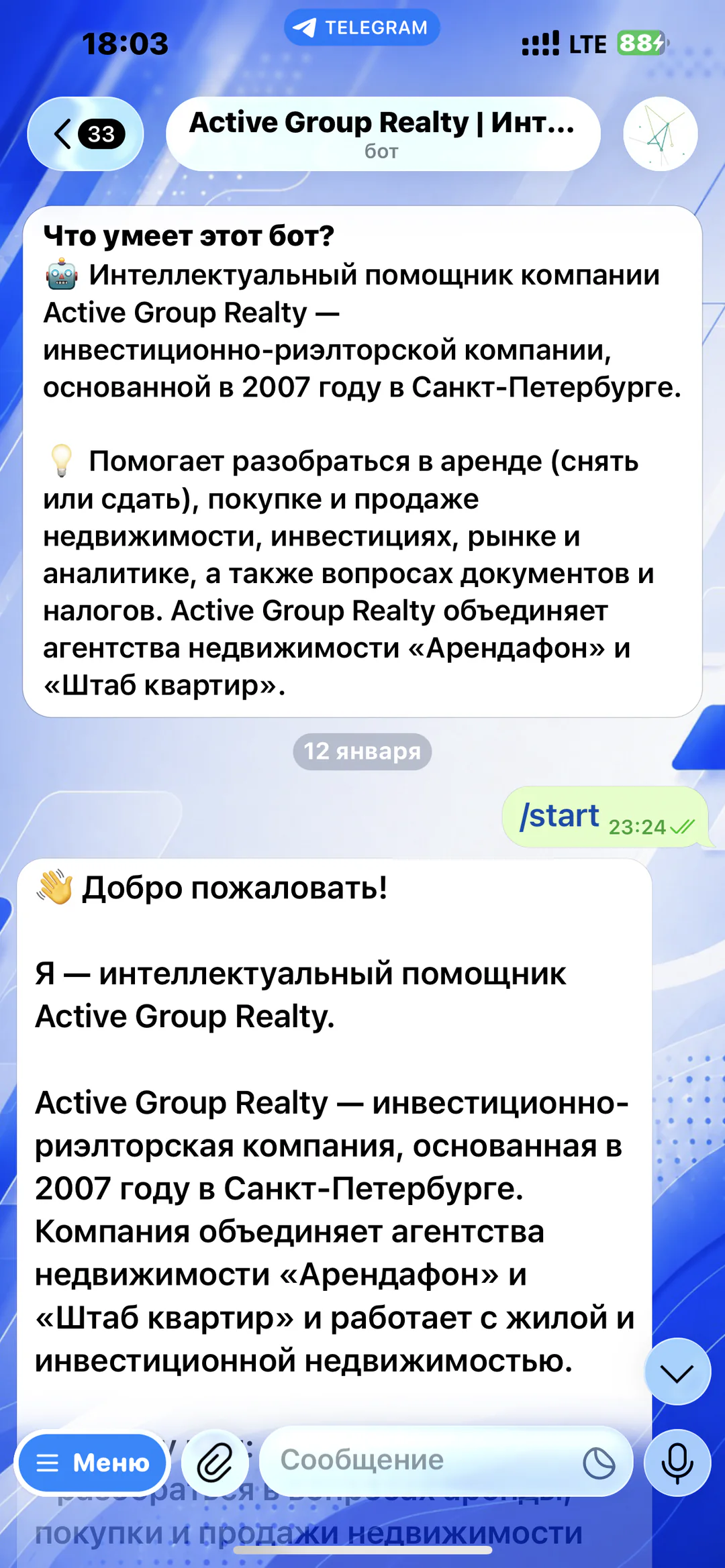 Active Group Realty — интеллектуальный помощник: описание компании и возможностей бота
