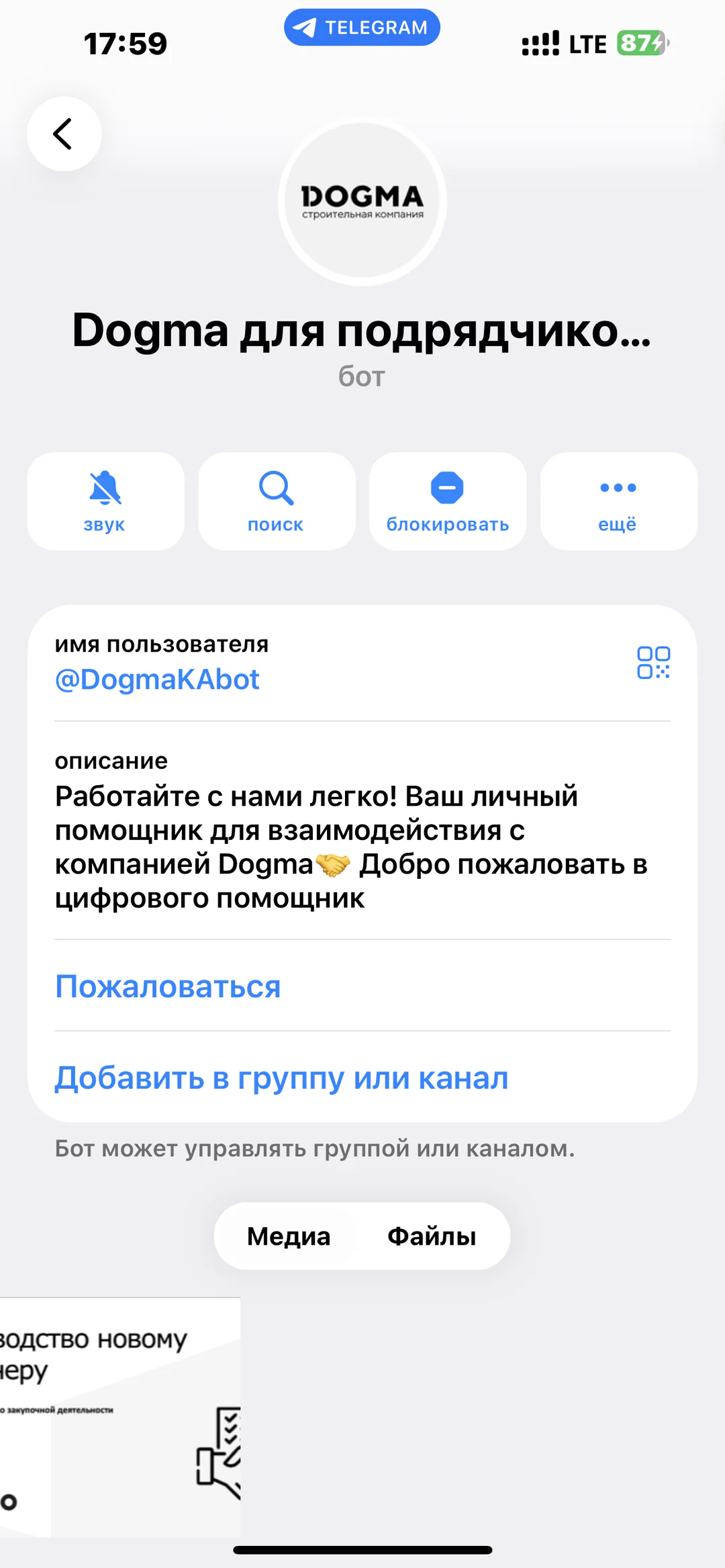 Dogma для подрядчиков: карточка Telegram-бота Dogma