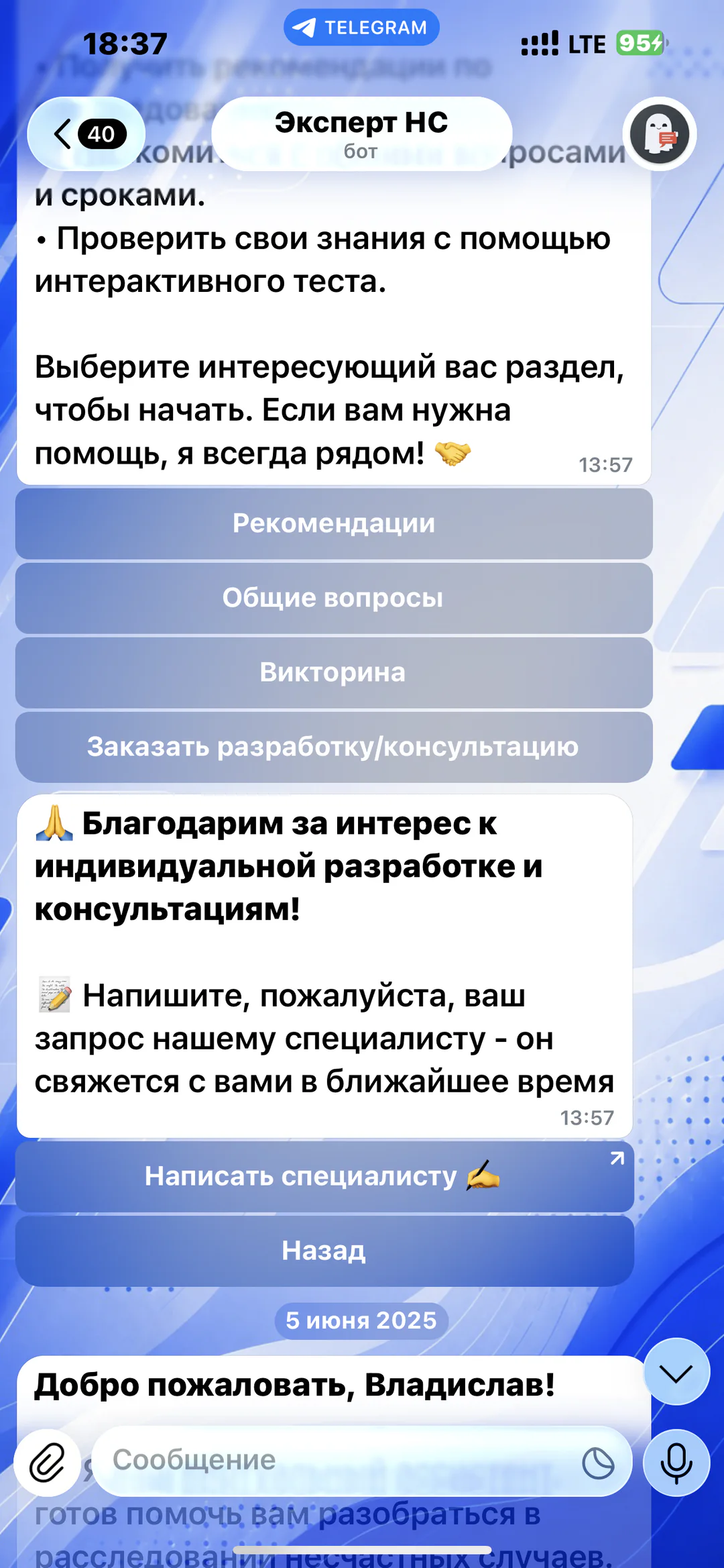 Эксперт НС: разделы бота и обращение к специалисту