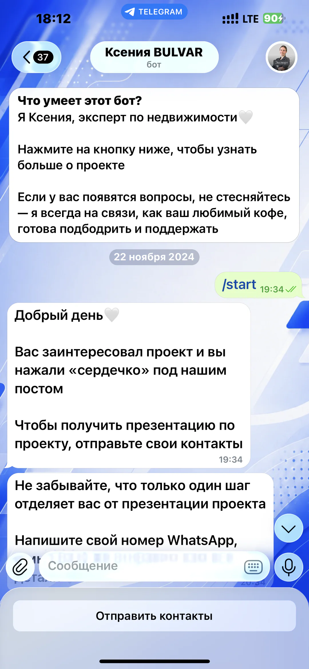 Ксения BULVAR — бот эксперта по недвижимости: сценарий запроса презентации и контактных данных