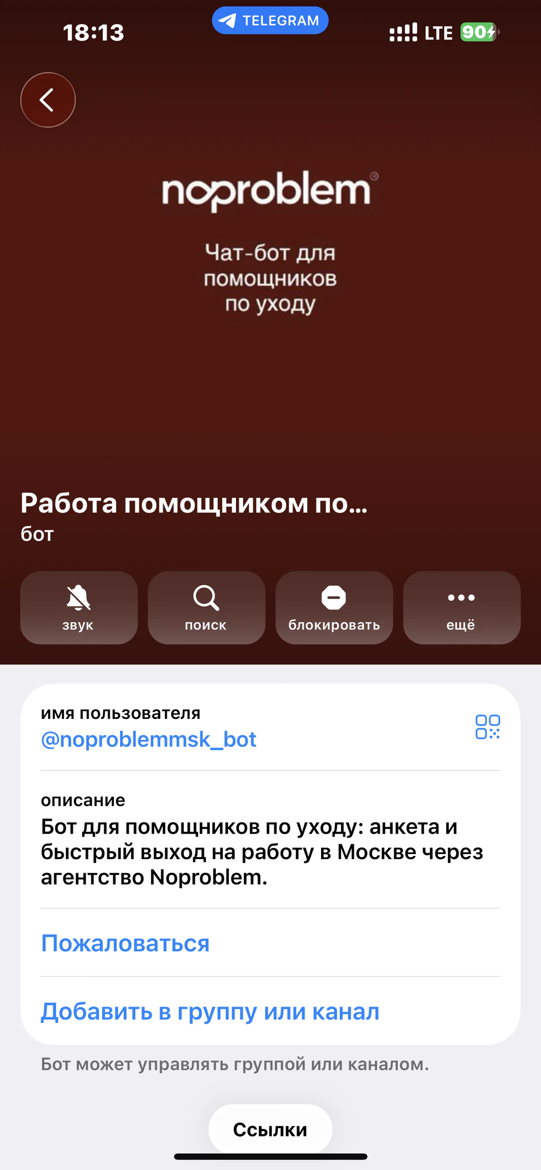 Noproblem — бот для найма помощников по уходу: карточка Telegram-бота агентства Noproblem
