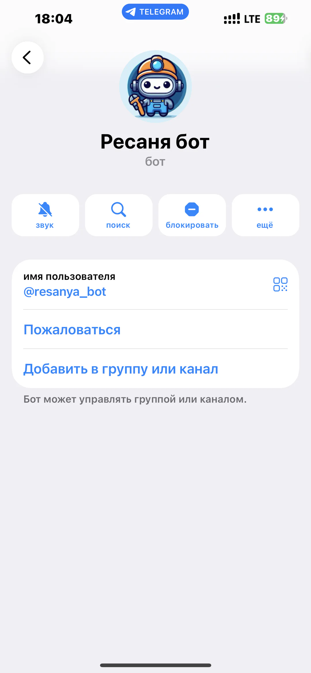 РеСаня — внутренний помощник сотрудников: карточка корпоративного Telegram-бота