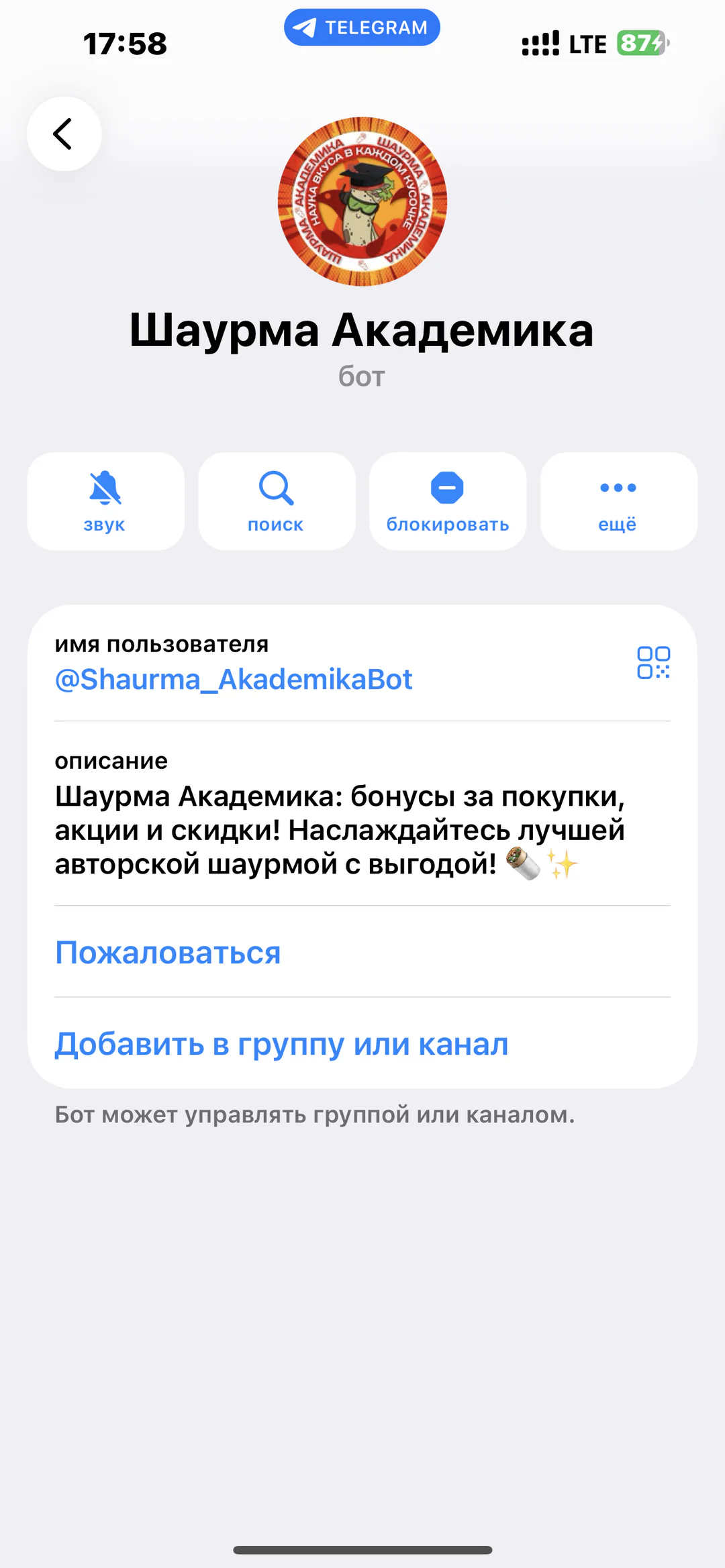 Шаурма Академика: карточка Telegram-бота с описанием и именем пользователя